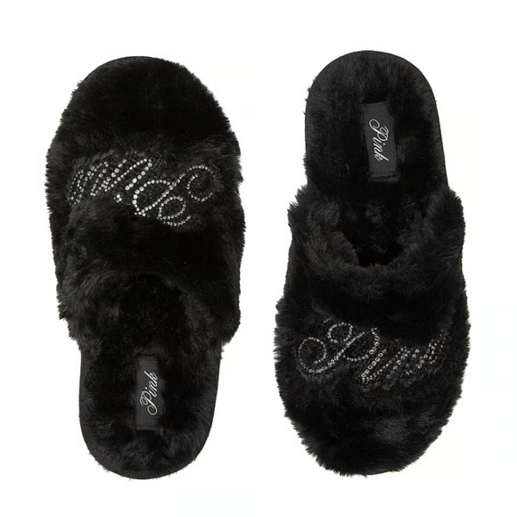 PINK Victoria's Secret Faux Fur Closed Toe Bling Logo Slippers. - Picture 1 of 6